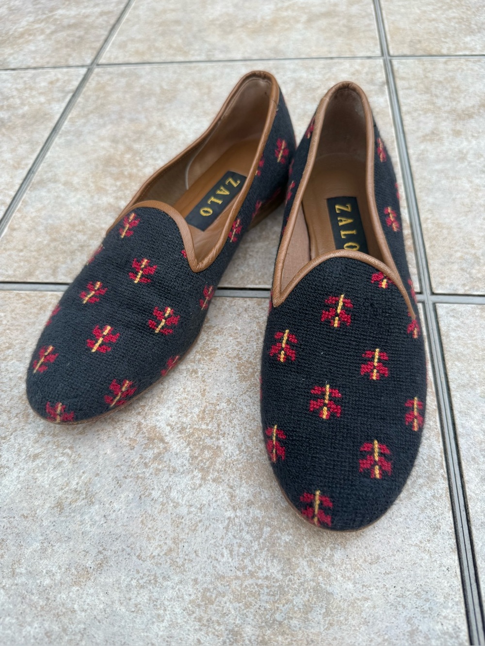 Zalo black needlepoint tapestry smoking loafers